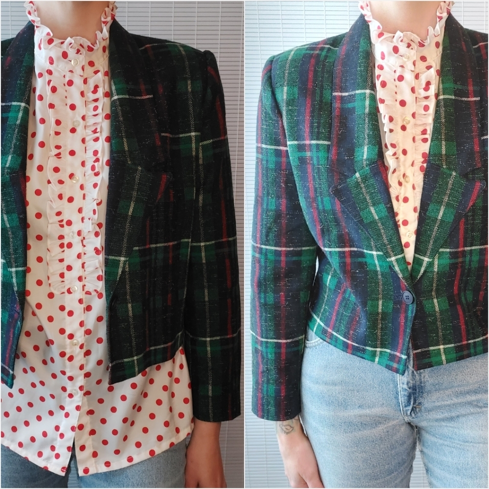 Vintage 80s Red Blue Green Plaid Cropped Blazer Small Medium